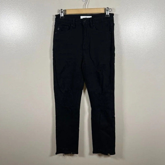 Kancan Haven Ultra High Rise Slim Straight Jeans Size 5/26 Black Distressed - Picture 1 of 11